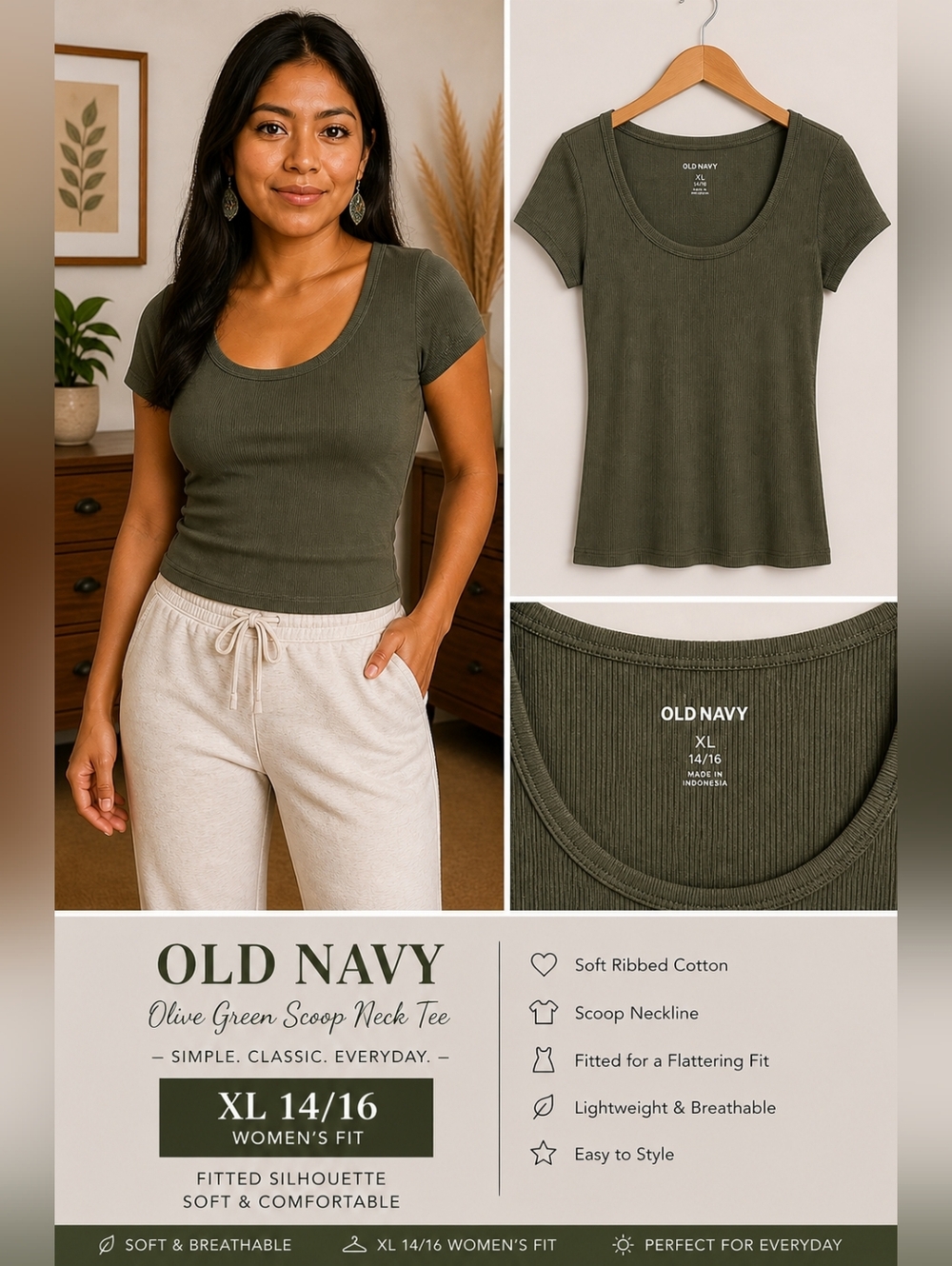 Classic Scoop Neck Women’s Top - Olive Green Old Navy XL 14/16 Ribbed
